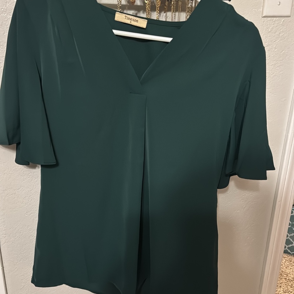 New York & Company Green Ruffled Blouse with V-Neck